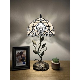 enjoy decor lamps Tiffany Table Lamp White Stained Glass Baroque Style Lavender Iron Metal Leaves Bronze Base Included LED Bulb for Living Room Bedroom Bedside 10" W*10" D*20" H