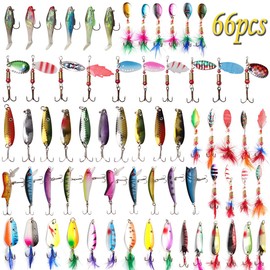 66pcs Fishing Lures Kit - Hard Metal Spinner Baits Spoon Lures Crankbaits Minnow Popper Swimbait Feather Tail Spinners Various Fishing Lures Assortment Set for Bass Trout Salmon Walleye