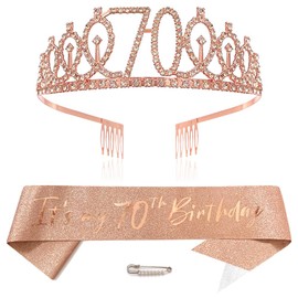 Rose Gold 70th Birthday Crown and Sash Girls 70th Birthday Decoration Rhinestone Birthday Tiara Princess Crown Queen Tiara Birthday Sash Girls 70th Birthday Decoration Party Clothing Accessories,