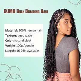 IXIMII 24 Inch Deep Wave Human Braiding Hair 3.5oz(100g) 100% Human Hair Bulk Natural Black No Weft Curly Hair Extensions for Boho Braids