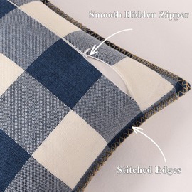 decorUhome Buffalo Plaid Check Throw Pillow Covers 18x18 Set of 2, Outdoor Decorative Farmhouse Neutral Pillow Covers with Stitched Edge for Bed Couch Sofa, Navy Blue and White