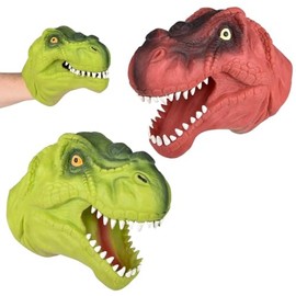 2 Pack Stretchy Dinosaur Hand Puppets - Realistic T-Rex Toys, Green and Red Soft Rubber, Great for Kids Ages 3+, Imaginative Play, Storytelling, Party Favors, Classroom, Bath Time, Indoor & Outdoor