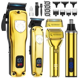 Karrte Professional Hair Clippers and Trimmer Set for Men, T-Shaper Trimmer & Foil Shaver, Nose & Ear Hair Trimmer, Cordless Clippers and Grooming Set, Hair Cutting Kit with LED Display Gold
