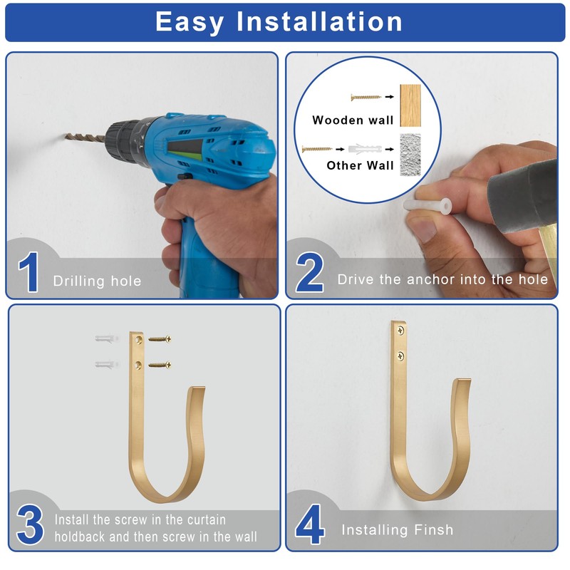 Warm Gold Curtain Drapery Holdbacks,4Pcs Solid Aluminum U Shaped Wall