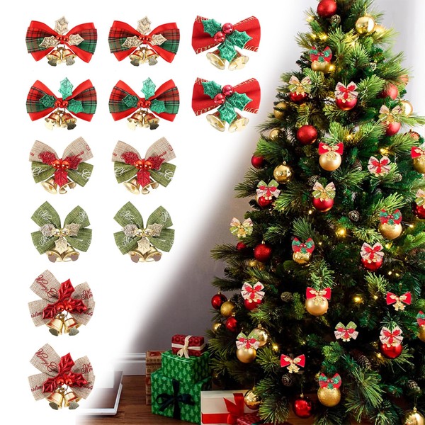 12 Pcs Christmas Bows with Bells Xmas Wreath Bows Ornaments