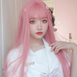 Sizuuenn Women's Wig, Long Straight Bangs, Pink Wig, Sakura Girl, Small Face, Heat Resistant Wig, High Temperature Hair Yarn, Cosplay Wig, Dedicated Network, For Events, School Festivals, Cultural