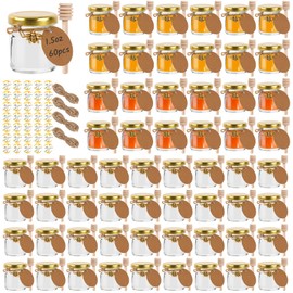 Betrome 1.5 oz Mini Glass Honey Jars, 60 Pack 45ml Clear Canning Jars Jam Jars with Gold Lids, Wood Dipper, Bee Pendants,Twine String,Bee Stickers &Tags -Perfect for Baby Shower,Wedding Party Favors.
