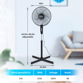 Simple Deluxe Oscillating 16″ 3 Adjustable Speed Pedestal Stand Fan for Indoor, Bedroom, Living Room, Home Office & College Dorm Use