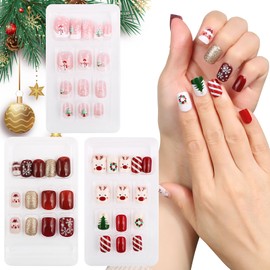 BOFUNX 72 Pieces Christmas Nails for Sticking, Short Red Artificial Nails, Snowflake, Santa Claus, Reindeer, Christmas Tree, False Nails, Festival Fake Nails for Women and Girls