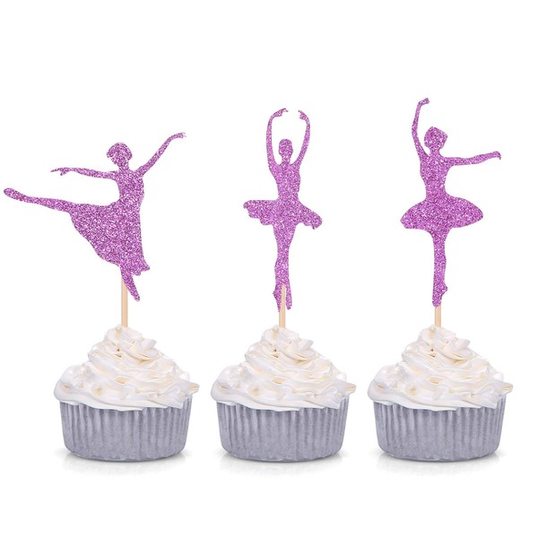 Juego de 24 adornos de bailarina con purpurina para cupcakes, diseño de bailarina, color morado