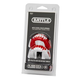 Battle Fangs Football Mouthguard – Sports Mouth Guard with Removable Strap – Protector Mouthpiece Fits With or Without Braces on Teeth – Adult & Youth Mouth Guard Sizes, 2 Pack, Youth (Age 9 & Below), Red/White