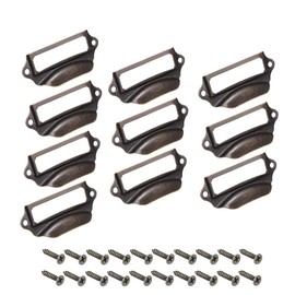 sourcing map Label Holder Pull Handles, Vintage Iron Label Frame Drawer Knobs for Cabinet Cupboard, Red Bronze Tone 69x29mm Pack of 10 w Screws