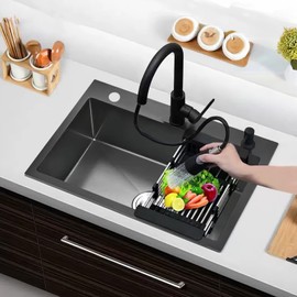 DuyviSteil Black Drop in Kitchen Sink, 30x18 Inch Stainless Steel Single Bowl Kitchen Sink, Topmount 18 Gauge Metal Laundry Sink with Drain Basket and Strainer Mesh Set