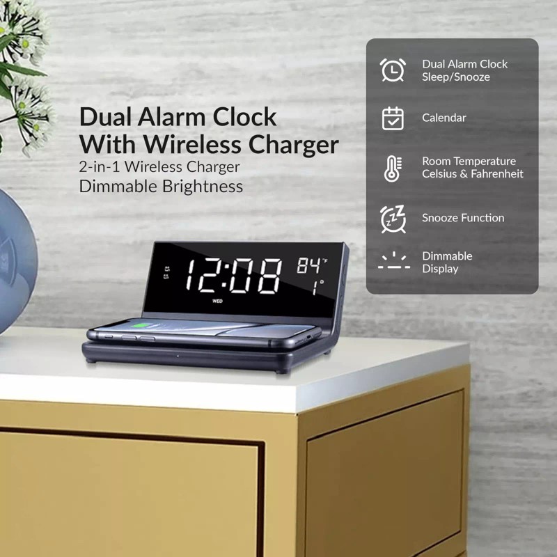 Supersonic Dual Alarm Clock with 2-in-1 Wireless Charger w 4