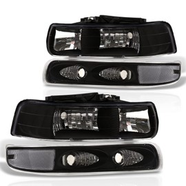 AJP Distributors Black Housing Clear Corner Signal Headlights + Bumper Lights Assembly Lamps Pair Compatible/Replacement For Silverado Suburban 1500 2500 Tahoe 1999 2000 2001 2002 2003 2004 2005 2006