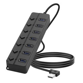 90 Degree USB Hub Splitter YACSEJAO USB 2.0 Data Hub with Individual LED Button On/Off Switch DC5.5 * 2.1 Power Port for Laptop,PC Computer (7 Ports, 1M)