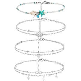 QMLING Silver Ankle Bracelets for Women: 4PCS Adjustable Women's Anklets Set, Butterfly Heart Starfish Beaded Ankle Chains, Foot Jewelry for Gifts Summer Beach Vacation