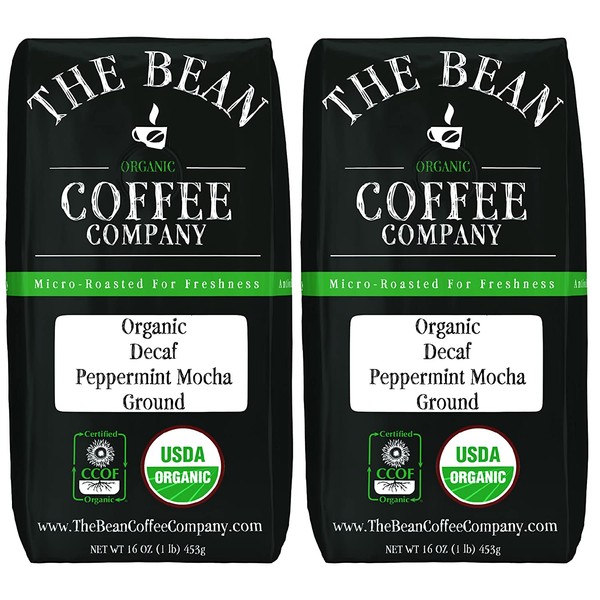 The Bean Coffee Company Organic Decaf Peppermint Mocha, Medium Roast, Ground, 16-Ounce Bags (Pack of 2)