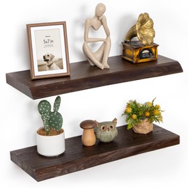 Floating Shelves for Wall, 24"x9.3" Rustic Solid Live-Edge Elm Wood Wall Shelves, Heavy-Duty Floating Shelves with Invisible Brackets, Set of 2 for Living Room, Bedroom, and Kitchen, Walnut Finish