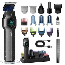 Beard Trimmer for Men, Magnetic Snap-on Replacement Heads & Charging Dock, IPX7 Waterproof Cordless Hair Clippers, Mens Grooming Kits for Mustache/Body/Face/Ear/Nose, Gray