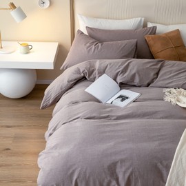 JIYUAN 100% Washed Cotton Duvet Cover Set Comfy Simple Style Soft Breathable Textured Durable Linen Feel Bedding for All Seasons Twin/Twin XL, Mauve Brown