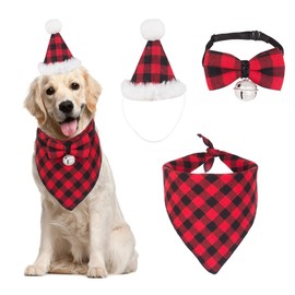 ADOGGYGO Christmas Dog Bandana Hat Bow tie Set - Classic Plaid Pet Scarf Triangle Bibs Dog Christmas Costume Decoration Accessories for Small Medium Dogs Cats Pets (Large, Red)