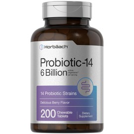 Horbäach Probiotics 6 Billion CFUs | 200 Chewable Tablets | Berry Flavor | 14 Probiotic Strains | Vegetarian, Non-GMO & Gluten Free Supplement for Men & Women
