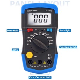 Digital Capacitance Meter, GOLDCHAMP Capacitor Capacitance Meter 0.1pF - 20,000uF Measuring Tool with LCD Backlight Max. 1999 Display