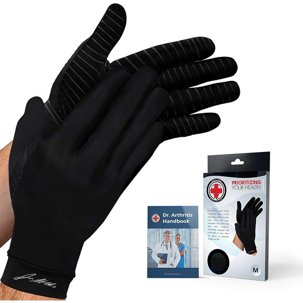 Doctor Developed Copper Gloves / Compression Gloves for Arthritis (Full-Length) and Doctor Written Handbook — Relieve Arthritis Symptoms, Raynauds Disease & Carpal Tunnel (One Pair) (M)