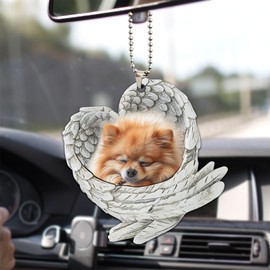 Talataca Pomeranian Sleeping Angel Wing Memorial Dog 2D Flat Car Rear View Mirror Accessories Christmas Tree Ornament Decoration Hanging Charm Interior Rearview Pendant Decor Gift