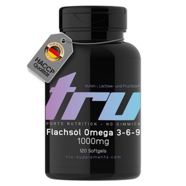 TRU Sports Nutrition | Flachsöl Omega 3-6-9-120 Softgels - 2000mg Flachsöl pro Tag - enthält EPA, DHA und ALA - Hochdosiert | Herstellung & Laborprüfung in Deutschland