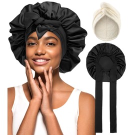 Coubeau Hair cap for the night, sleep cap, silk turban towel with button, microfibre towel, hair combination of dry hair cap and satin sleep cap