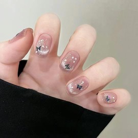 Nail Tip, Short, 24 Pieces, Nail Tip, False Claws, Cat Eye, Pink, Butterfly, Pearl, Diamond, 3D Nail Sticker, Popular, Japanese Style, Cute, Simple, Fashionable Party, Nail Tip, Autumn, Spring,