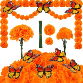 HOWAF 50pcs Day of The Dead Decorations Set, 40pcs Orange Marigold Flower with Stems and for Dia De Los Muertos Diwali Indian Home Decor Party Decorations