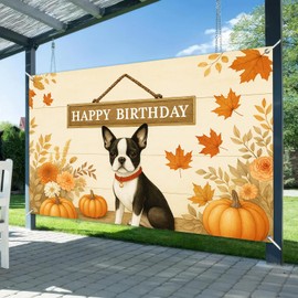 HOMETITUTE Happy Birthday Banner Decrations 71x43 Inch Boston Terrier Dog Party Backdrop Rustic Wood Background with Autumn Leaves and Pumpkins for Fall Harvest Birthday Decorations