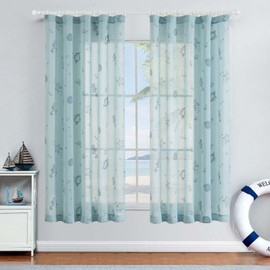 JINCHAN Blue Sheer Curtains 63 Inch Length Nautical Coastal Starfish Seashell Pattern Curtains for Bedroom Beach House Window Treatment for Living Room Rod Pocket Summer Drapes 2 Panels Set