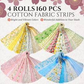 SmoothNovelty 160 Pcs 4 Roll Fabric Strips Assorted Quilting Fabric for Quilting Crafting and Sewing Rolled Cotton for Crafts Blanket Rug Upholstery and Purse Making(Fresh Style)