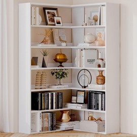 oneinmil Bookcase 6 Tiers with Baffles, 35.2" Large Corner Bookshelf, Storage Display Rack for Living Room Home Office, White