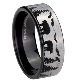 (8mm) Unisex or Men's Hunting Bear Crossing Wedding Ring Band. Silver / Gray Brushed Tungsten Carbide Band with Black Etched Bear Family, Mountains and Forest Design. Hunter's Wedding Ring. One Year Warranty Included. (9)