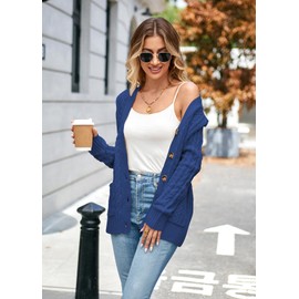 Womens Cardigan Sweaters Cable Knit Sweater 2025 Fall Winter Chunky Open Front Button Down Coats with Pockets Classic Blue US 4-6
