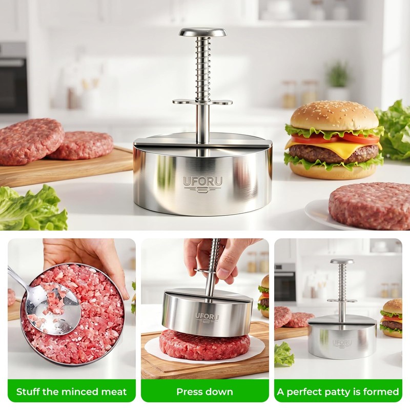 UFORU 4.5 Inch Burger Press,304 Stainless Steel Hamburger Patty Maker,Heavy