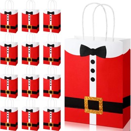 16 Pieces Christmas Gift Bags Large Santa Clause Suit Print Bag with Handle, Durable Kraft Paper Christmas Bags Present Wrapping Bags Candy Goodie Bags for Xmas Party Supplies, 6.3 x 3.1 x 8.7 Inches