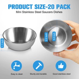 zzhxkjhky 20 Pack 3.2 inch Stainless Steel Sauce Dishes 3.5 oz Mini Individual Saucers Bowl Round Seasoning Dishes Bowl Serving Appetizer Plates for Kitchen Prep Side Dish Soy Sauce Sushi Dip (20)