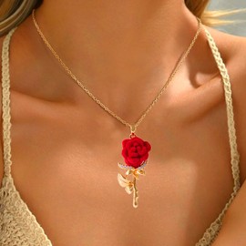 Red Rose Necklace for Women 14K Gold Plated Rose Pendant Anniversary Valentine Birthday Jewelry Gifts for Wife Girlfriend.