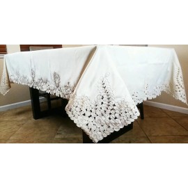 Grantlinen White Color Fabric 72x90" Embroidery Peacock Leaves Cutwork Tablecloth Napkins