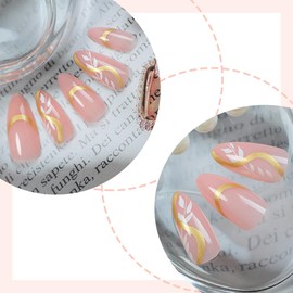 Pink Press on Nails Medium Almond QUNQINLI French False Nails Glossy Acrylic Fake Nails Press Ons with Gold Striped Leaves Gel Glue on Nails Small Stick on Nails for Women Girls 24 Pcs