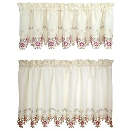 Today's Curtain Verona Reverse Embroidery Window Tier, 24-Inch, Ecru/Rose