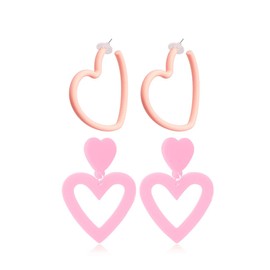 2 Pairs Big Acrylic Love Heart Shape Drop Dangle Earrings Set Multicolor Geometric Neon Hoop Valentine's Day Gifts for Women Lover Party Wedding Jewelry-Pink