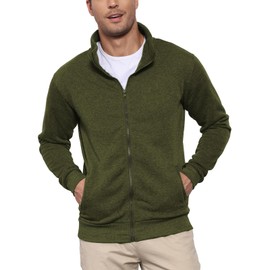 Hoefirm Men's Cardigan Full Zip Up Jumpers Jacket Sweatshirt Polo Long Sleeve Top Stand Collar Casual Lightweight with Pockets ArmyGreen XXL