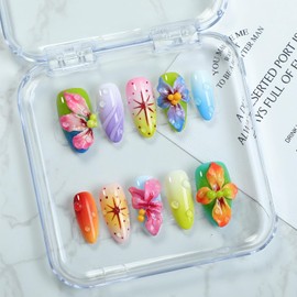 Handmade Press on Nails Medium Almond - 3D Luxury Colorful Flower Press on Nails Designs Thick Acrylic and Muti-Layer Gel False Nails Full Cover Gradient Fake Nails Stick on Nails for Women (Size S)